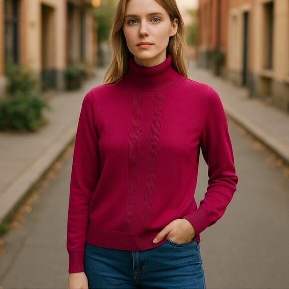 Tommy Hilfiger Magenta Turtleneck Sweater Button Cuff Size L Retro - Picture 14 of 14